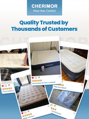 CHERIMOR Queen Air Bed, Anti-Leak Inflatable Mattress with Built-in Pump, 3 Mins Self-Inflation, 800 lbs Capacity Blow Up Camping Bed, Flocked Surface Inflatable Bed for Guests & Home, 203x152x46cm