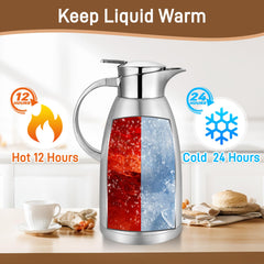 Osrioal 2.3L Thermal Coffee Carafe with Press Button Top, Stainless Steel Insulated Coffee Pot, Double-Walled Vacuum Jug, Thermal Jug Dispenser, for Hot and Cold Drinks, Silver