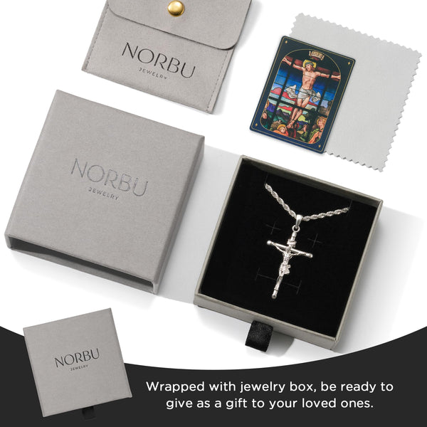NORBU 925 Sterling Silver Crucifix Necklace for Men/Women, Religious Jewelry Gift for Baptism/Confirmation, Hypoallergenic Jesus Cross Pendant with Secure Lobster Clasp, Rope Chain, 20 inch