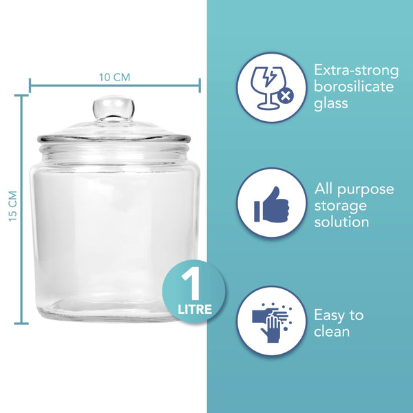 HEFTMAN Glass Jar with Lid - 2 x 1 Litre Clear, Empty Sweet Jars with Airtight Push-Top Lid - Sturdy Glass Apothecary Jars for Sweets, Coffee, Sugar, Laundry Pods Storage Container (2 Pack)