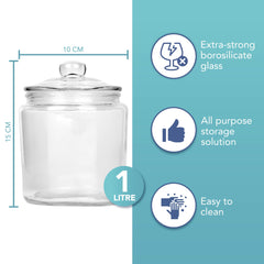 HEFTMAN Glass Jar with Lid - 2 x 1 Litre Clear, Empty Sweet Jars with Airtight Push-Top Lid - Sturdy Glass Apothecary Jars for Sweets, Coffee, Sugar, Laundry Pods Storage Container (2 Pack)