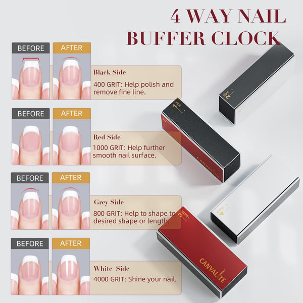 Canvalite All in One 4 Way Nail Buffer Block - Shapes, Files, Smoothes, and Shines - 100/180 Grit Nail File and Buffer - 9pcs