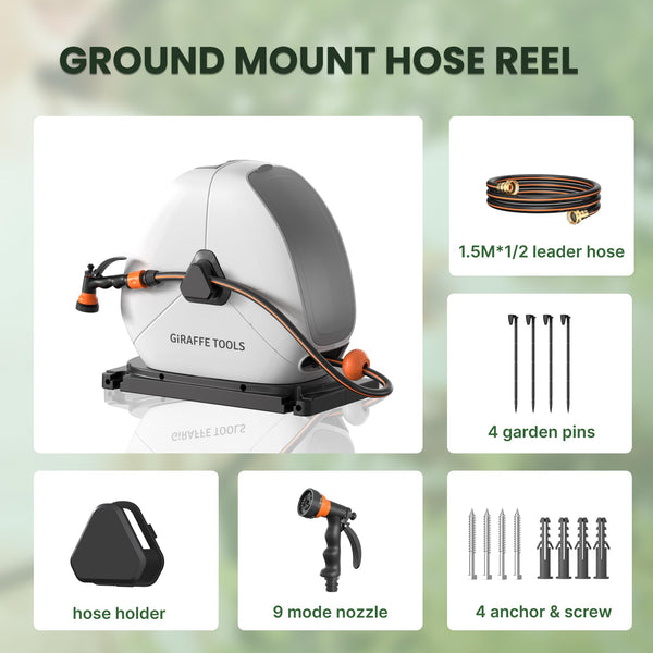 Giraffe Tools 40M Retractable Garden Hose Reel, Ground Mounted