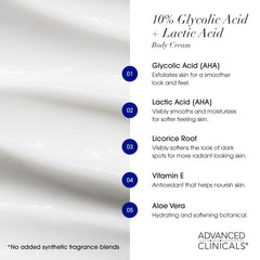 Advanced Clinicals 10% Glycolic Acid + Lactic Acid Lotion Exfoliant Moisturizing Cream With Hyaluronic Acid Moisturizer | AHA Exfoliating Body Cream Improves Look Of Uneven Rough Skin Texture, 16 Oz