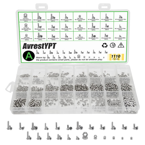 AvrestYPT 1110Pcs 304 Stainless Steel Metric Micro Screws Nuts Assortment, M1 M1.2 M1.4 M1.6 M2 M2.5 Sizes, Phillips Pan Head, Fully Threaded Kit for Arduino, RC Models, Electronics, DIY Projects