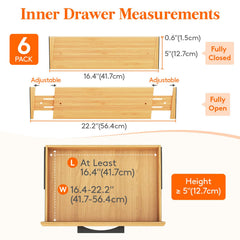 Lifewit 5" High 6 Pack Bamboo Drawer Dividers 45-55cm/17.5-22" Adjustable Wooden Drawer Organiser for Clothes, Expandable Kitchen Drawer Dviders, Drawer Separator in Bedroom/Bathroom/Dresser/Office