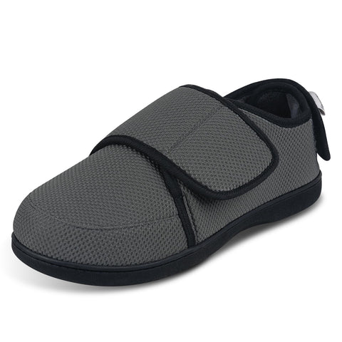 Garonne Men's Diabetic Wide Adjustable Slippers with Memory Foam and Non-Slip Indoor Outdoor Sole, Navy Grey, 12.5 UK
