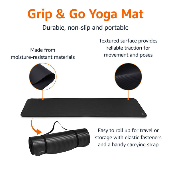 Amazon Basics - Yoga Mat, Non Slip, Extra Thick, for Pilates, Exercise, Black, 183 x 61 x 1 cm