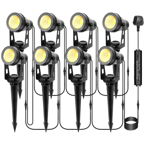 ECOWHO Garden Lights Mains, 27m 8-in-1 LED Outdoor Spotlights with Adapter, IP65 Waterproof Outdoor Spike Lights 12V Low Voltage Garden Lighting 2700K Electric Pathway Lighting for Lawn, Yard, Patio
