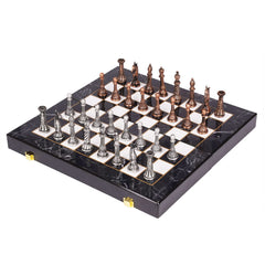 Retro Metal Chess Set for Adults – 15 Inch Marbling Chess Board with Chess Pieces – Travel Chess Set with Metal Pieces – Folding Chessboard – Ideal for Beginners and Professional Players