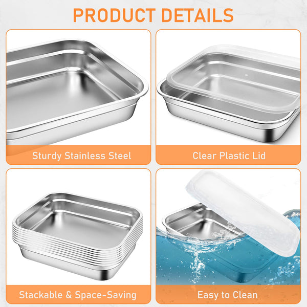 8 Pcs Large Stainless Steel Food Containers with Lids, Rectangle Food Storage Box Bulk, Stackable Meal Prep Container for Kitchen Restaurant Snack Buffet Fruits, Oven Freezer Safe, 32 x 26 x 7 cm