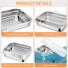 8 Pcs Large Stainless Steel Food Containers with Lids, Rectangle Food Storage Box Bulk, Stackable Meal Prep Container for Kitchen Restaurant Snack Buffet Fruits, Oven Freezer Safe, 32 x 26 x 7 cm
