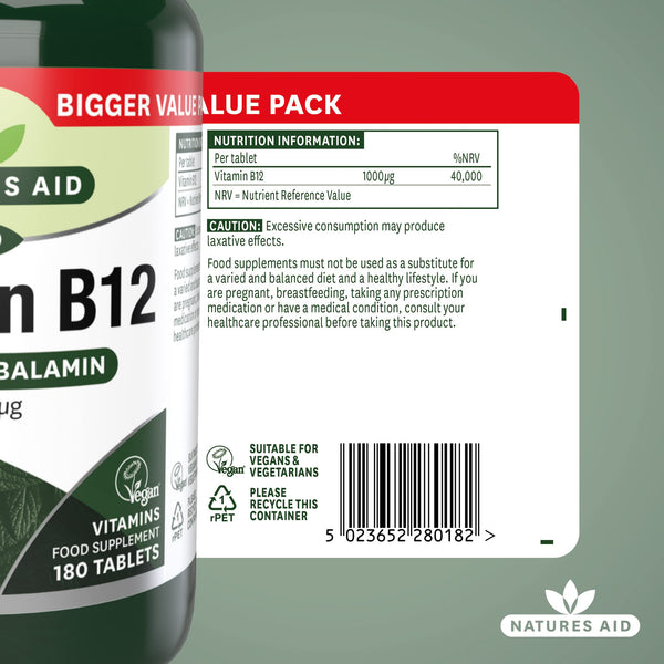 Natures Aid Vitamin B12 1000µg – High Strength Methylcobalamin Supplement – Supports Energy & Reduces Tiredness – Vegan, Vegetarian, Gluten Free – Not Gummies or Capsules – 180 Tablets