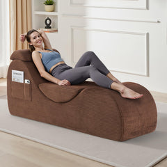 Yoga Chair Lounge for Adult, Ergonomic Chaise Lounge Chair with Side Pocket, Headrest, Waist Pad, Perfect for Stretching, Massage, and Relaxation, Used in Living Room, Bedroom（Brown）