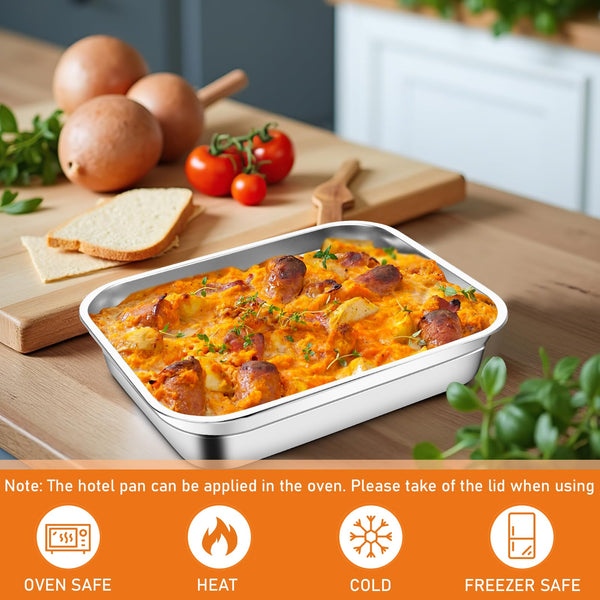 8 Pcs Large Stainless Steel Food Containers with Lids, Rectangle Food Storage Box Bulk, Stackable Meal Prep Container for Kitchen Restaurant Snack Buffet Fruits, Oven Freezer Safe, 32 x 26 x 7 cm