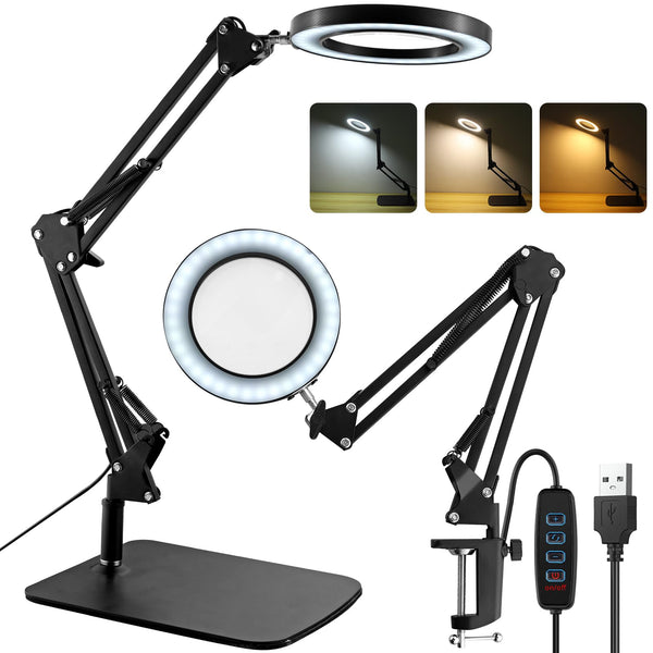YGiTK Magnifying Glass with Light and Stand, Desk Magnifier Lamp with Adjustable Swing Arm LED Lighted Magnifying Glass with Clamp Real Glass Lens for Reading, Hobbies, Work & Crafting