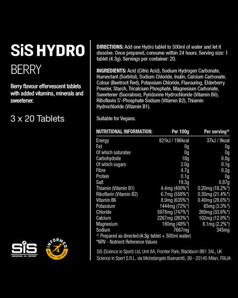 Science in Sport Hydro Electrolyte Tablets 20 pcs. Berry – Vegan & Gluten-Free, Ideal to Promote Hydration and Maintain Electrolytes Balance (Packaging May Vary)