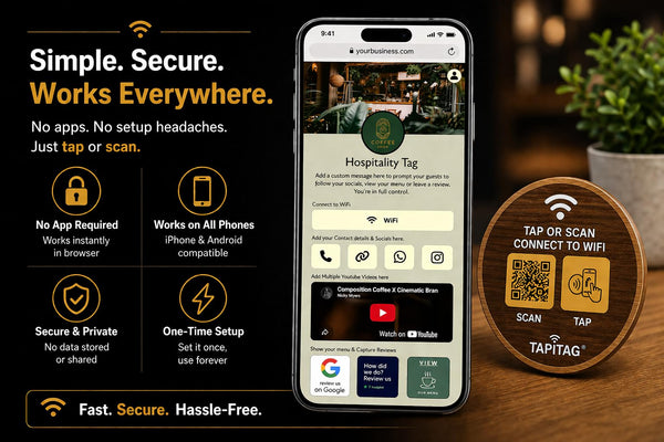 TAPiTAG Bamboo WiFi Porter – NFC Tap & QR Code WiFi Sign | Connect to WiFi in Seconds | No App Required | No Subscription | Custom Landing Page | Café, Airbnb, Hotel & Office (70mm)