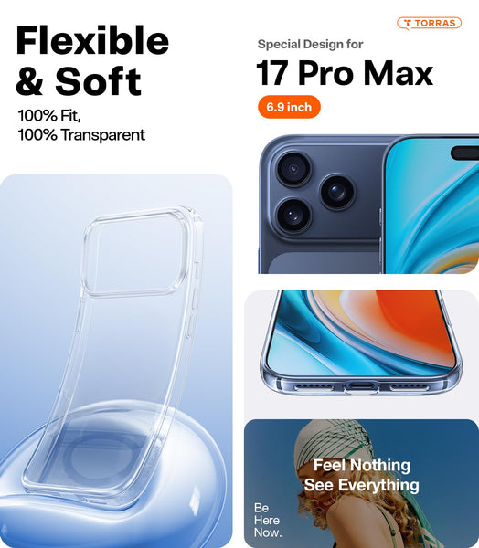 TORRAS for iPhone 17 Pro Max Case Crystal Clear, [Anti-Yellowing][Military-Grade Protection], Ultra Slim Transparent Anti-Scratch Back, Soft Bumper, Non-Slip 17 Pro Max Phone Case, Clear 6.9"