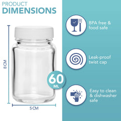 HEFTMAN Glass Shot Bottles with Lids - 12 Pack 60ml Empty Mini Bottles for Ginger Shots with Cleaning Brush & Labels - Reusable, Clear, Airtight - Ideal for Juice, Oils, Sauces, Medicine