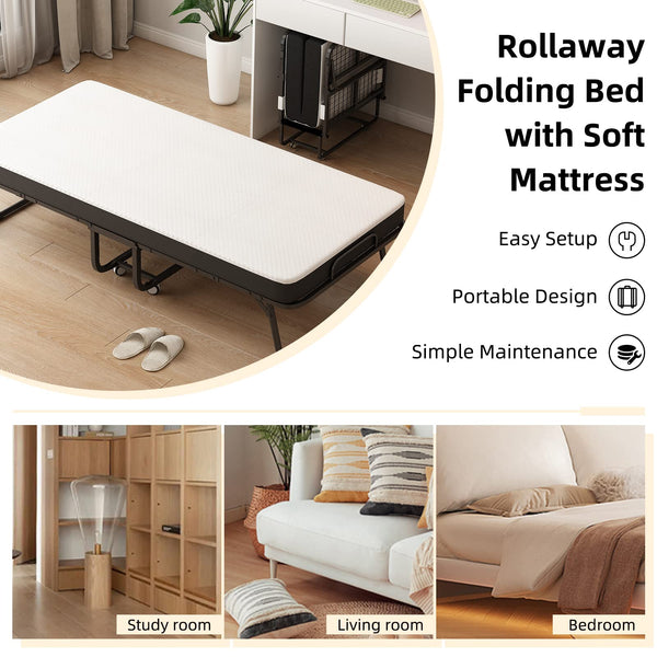 CAIYUN Folding Bed with Mattress,Guest Z Single Bed,Portable Foldable Beds with Memory Foam Mattress and Fabric Storage Bag,Spare Beds,Rollaway with Fold-up Metal Frame 190 x 80CM