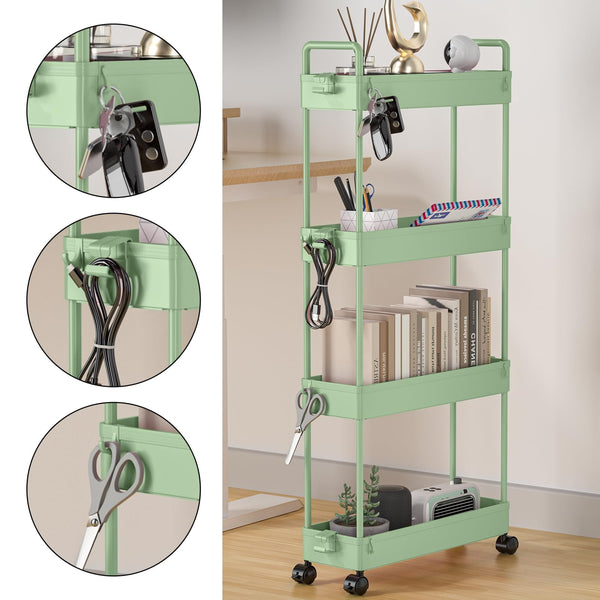 SOLEJAZZ 4-Tier Storage Trolley Cart Slide-out Slim Rolling Utility Cart Mobile Storage Shelving Organizer for Kitchen, Bathroom, Laundry Room, Bedroom, Narrow Places, Plastic, Green