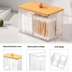 SVOCK Clear Acrylic Cotton Wool Holder 3 Compartment Cotton Bud Holder with Wood Lid, Qtips Holder Dispenser Bathroom Jars with Lid, bathroom essentials Square-Shaped (Clear)