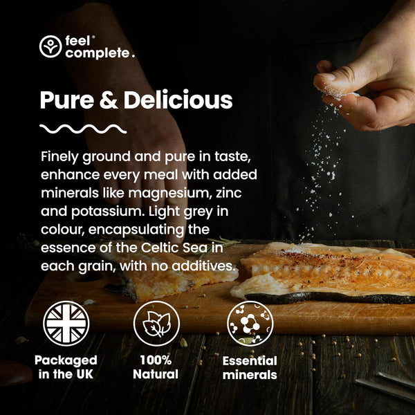 Feel Complete | 800g Fine & Dry Celtic Sea Salt | No Need To Grind | Organic Approved | Essential Minerals & Electrolytes | Natural Alternative To Table Salt | Lab Tested