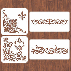 INFUNLY 4PCS Corner Stencils for Painting Flower Border Wall Stencil Large Square Lace Tile Stencil Corner Furniture Stencils Reusable DIY Art Craft Template for Wood Walls Canvas Paper Fabric Floor