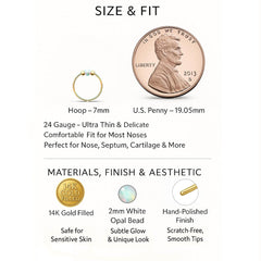 Thin 14k Gold Filled Tiny Nose Ring Hoop - 2 mm White Opal piercing Nose Hoop - 24 gauge very Thin Nose Hoop Tiny Piercings Nose Rings hoop - Opal nose rings