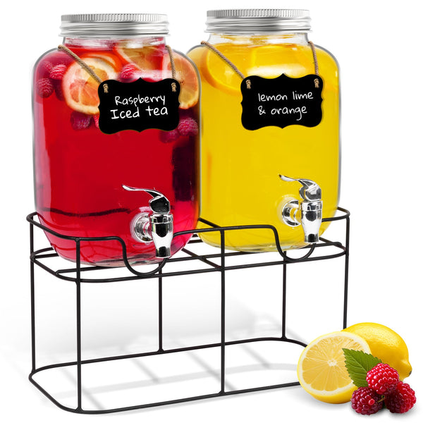 HEFTMAN Glass Drink Dispenser with Tap - 2 x 4 Litre Mason Jar Drink Dispenser with Leakproof Tap & Metal Wire Stand - Drinks Dispenser, Cocktails, Empty Beverage Dispenser