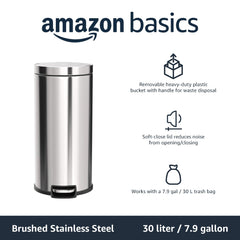Amazon Basics Round Cylindrical Soft-Close Dustbin, 30 litre/7.9 gallon, Brushed Stainless Steel