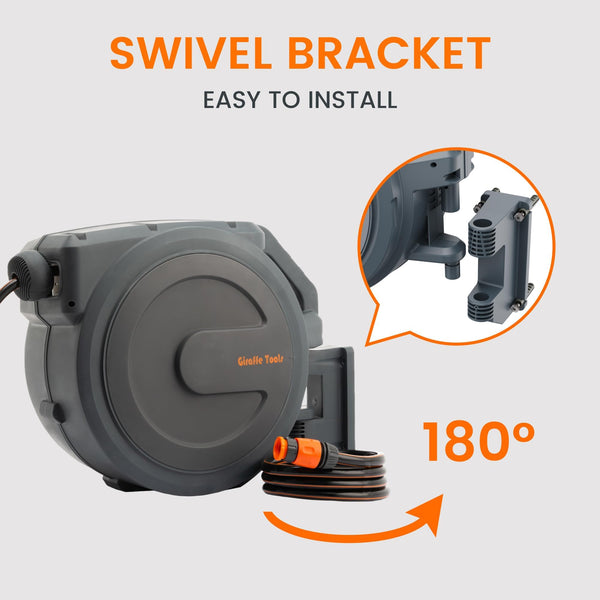 Giraffe Tools Retractable Hose Reel Wall Mounted, 30+2m Garden Hose Reel, 180° Pivoting with 7 in 1 Spray Nozzle, Grey (EUAW-30)
