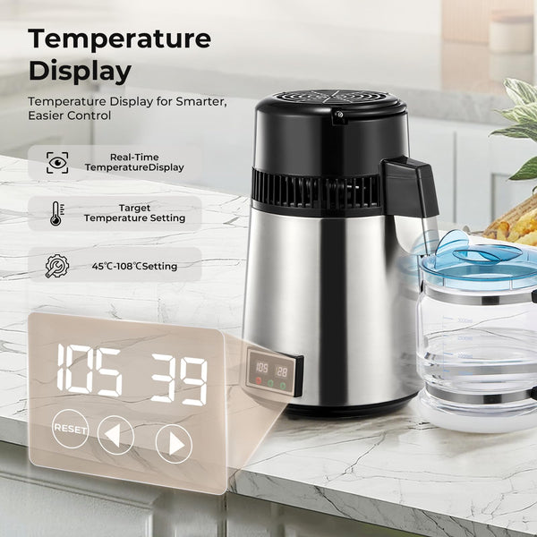 Water Distiller, 4.2L Upgraded Stainless Steel Distilled Water Machine, Distilled Water Maker with LCD Panel & Glass Container, Countertop Water Distiller for Home with Temperature Setting, Silver
