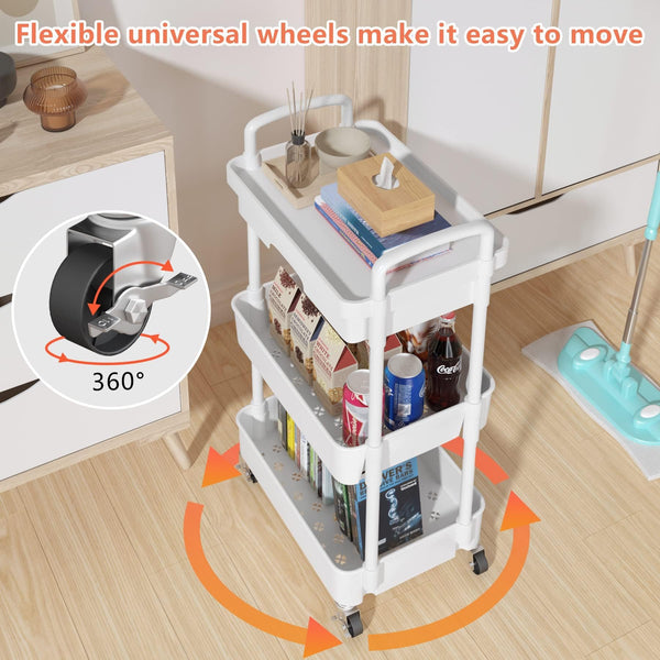 Wuciray Beauty Trolley on Wheels 3 Tier Storage Trolley with Drawer Plastic Beauty Trolleys Rolling Utility Cart Craft Trolleys on Wheels for Home Kitchen Bathroom Laundry Office White