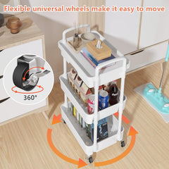 Wuciray Beauty Trolley on Wheels 3 Tier Storage Trolley with Drawer Plastic Beauty Trolleys Rolling Utility Cart Craft Trolleys on Wheels for Home Kitchen Bathroom Laundry Office White