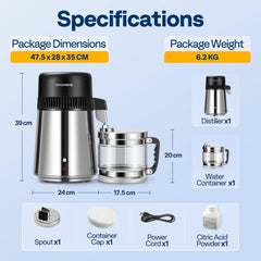 VIVOHOME Water Distiller 304 Stainless Steel 4L BPA Free Countertop Distilling Machine with Glass Container and Smart Switch for Pure Water at Home or Office