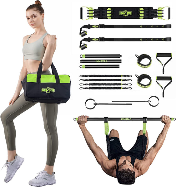 INNSTAR Upgraded Portable Home Gym 5.0, Adjustable Bench Press Resistance Bands,Full Body Workout Strength Training Equipment with Detachable Fitness Bar, Handles,for Home,Travel,Gym-Green