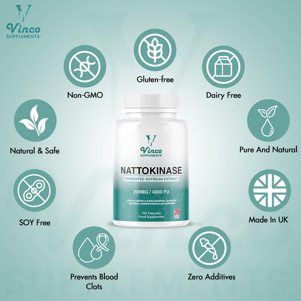 Vinco Nattokinase 200mg 4000FU – 120 Capsules – High Strength Japanese Natto Enzyme – Supports Heart Health, Blood Flow, Circulation and Blood Pressure – Non-GMO, Gluten Free – Made in UK