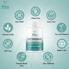Vinco Nattokinase 200mg 4000FU – 120 Capsules – High Strength Japanese Natto Enzyme – Supports Heart Health, Blood Flow, Circulation and Blood Pressure – Non-GMO, Gluten Free – Made in UK