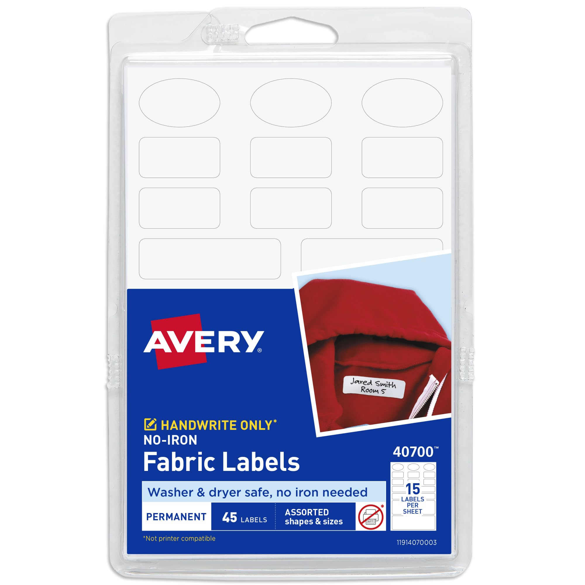 Avery No-Iron Fabric Labels, Assorted Shapes and Sizes, Washer and Dryer Safe, Non-Printable, 45 Blank Labels Total (40700)