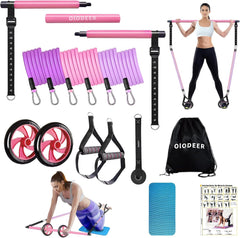 Pilates Bar Kit with Resistance Bands, OLODEER Pilates Reformer Exercise Bar with Ab Roller at Home Workout Equipment, Pilates Bar Set for Full Body Training Women & Men