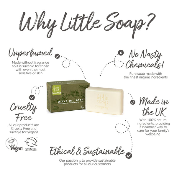 Little Soap Olive Oil Soap Bar - Vegan, Cruelty Free, No SLS or Parabens, Mediterranean Range, Bar of Soap Perfect for Sensitive Skin, Natural Eco Friendly Body & Hand Soap, 100g (Olive)