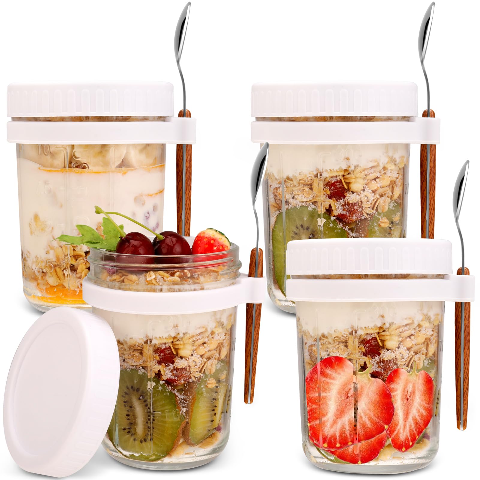 Opopark 4 Pack 12oz Overnight Oats Jars,350ml Overnight Oats Container with Lids and Spoons White Airtight Glass Jars with Measurement Marks for Milk Cereal Fruit