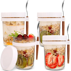 Opopark 4 Pack 12oz Overnight Oats Jars,350ml Overnight Oats Container with Lids and Spoons White Airtight Glass Jars with Measurement Marks for Milk Cereal Fruit