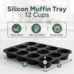 Zuvo Silicon Muffin Tray 12 Cups - Non Stick Black Baking Mold for Cupcakes and Brownies (23x31cm) - Perfect Baking Tray