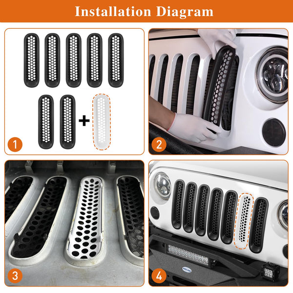 [Upgrade Clip in Version] Opar Matte Black Front Mesh Grille Inserts for 2007-2015 Jeep JK Wrangler & Wrangler Unlimited (Pack of 7)