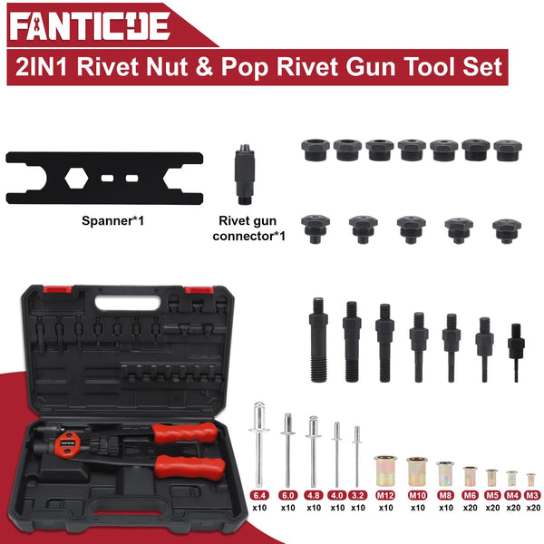 FANTICDE Rivet Gun Set 2in1, Rivnut Tool Kit, Heavy Duty Hand Riveter with M3-M12 7PCS Metric Mandrels, 160Pcs Nuts and Rivets, Pop Rivet Gun Set with 5 Tool Interchangeable Heads, Storage Case