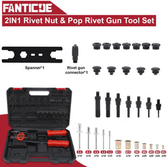 FANTICDE Rivet Gun Set 2in1, Rivnut Tool Kit, Heavy Duty Hand Riveter with M3-M12 7PCS Metric Mandrels, 160Pcs Nuts and Rivets, Pop Rivet Gun Set with 5 Tool Interchangeable Heads, Storage Case