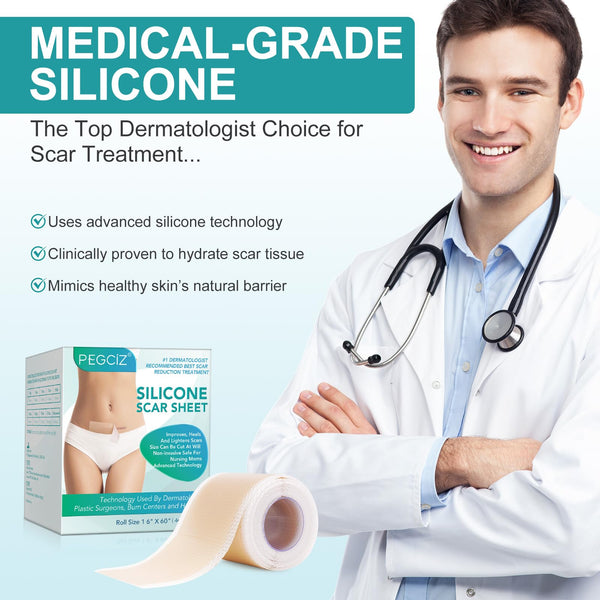 Silicone Scar Tape Silicone Scar Sheets Reusable Professional Reusable Silicone Scar Strip Scar Removal Treatment for C-Section, Keloid, Burn, Acne, Surgical Scars (1.6" x 60"-1.5M)